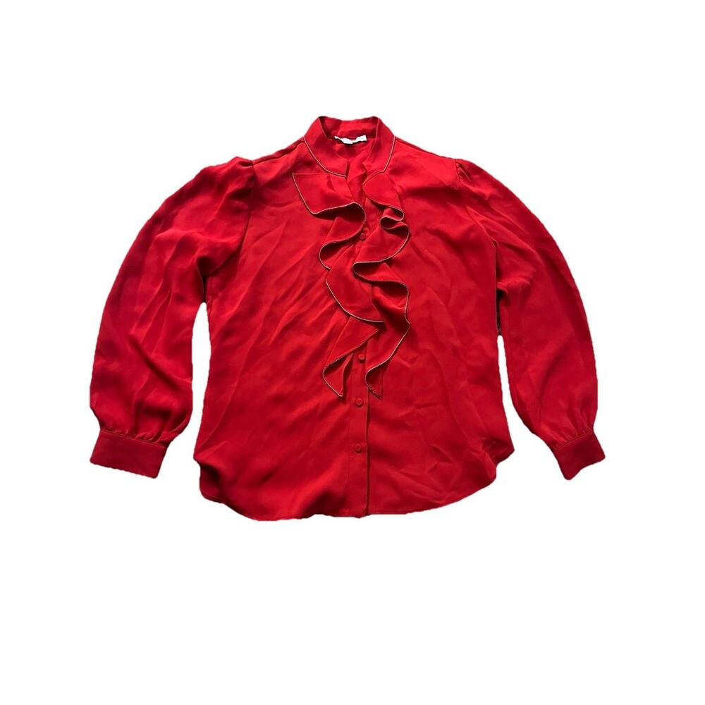 Chico's Vibrant Red Blouse Button Up Long Sleeve Ruffle Neck Size 4
